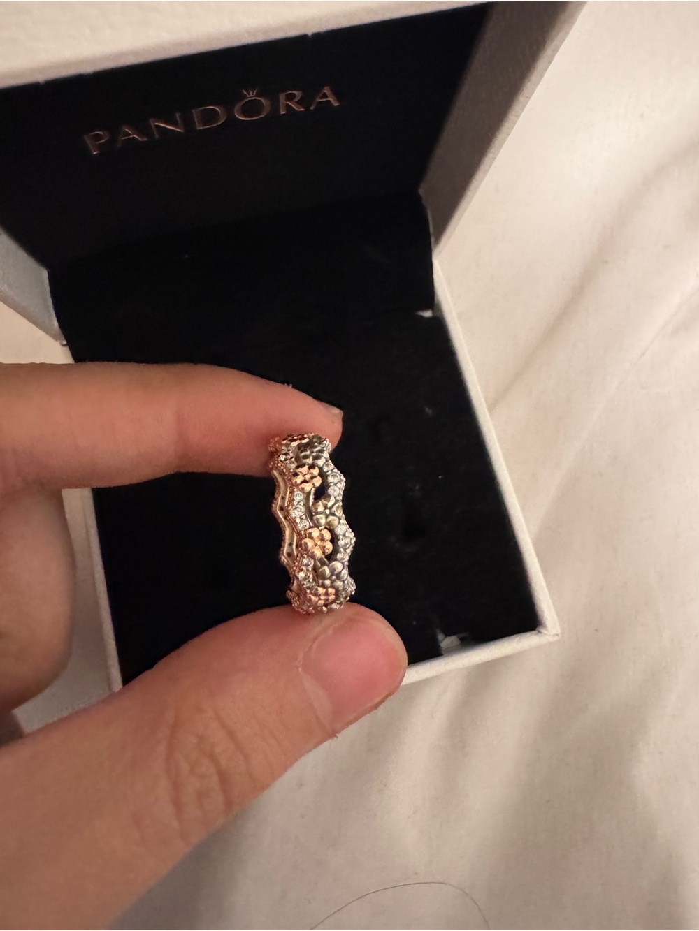 Pandora Two-Tone Floral Band Ring in Rose Gold and Silver